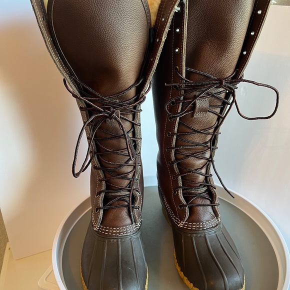 LL Bean Boots Tall Dark Brown Leather Gum Booths with Lamb Fur Lining 16" - Picture 7 of 16